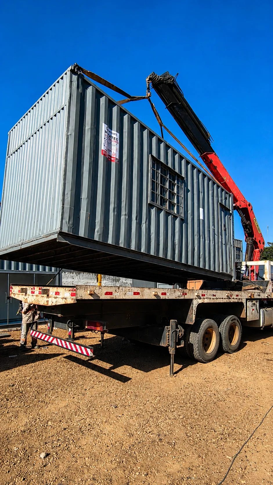 Container movimentado por caminhão Munck em operação